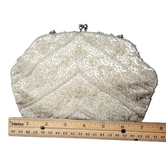 Vintage Off White Beaded Evening Formal Purse Bag Beige Metal Clasp Closure READ - Picture 12 of 12